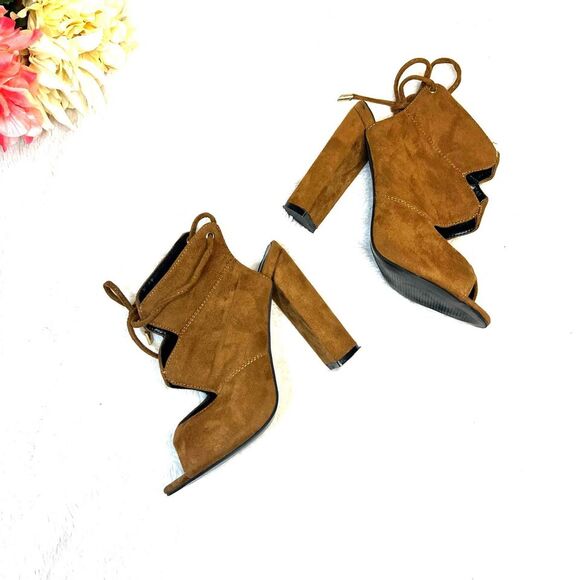 Tan Brown Suede Open Toe Tie Up Heels Size 7.5 - Picture 6 of 11